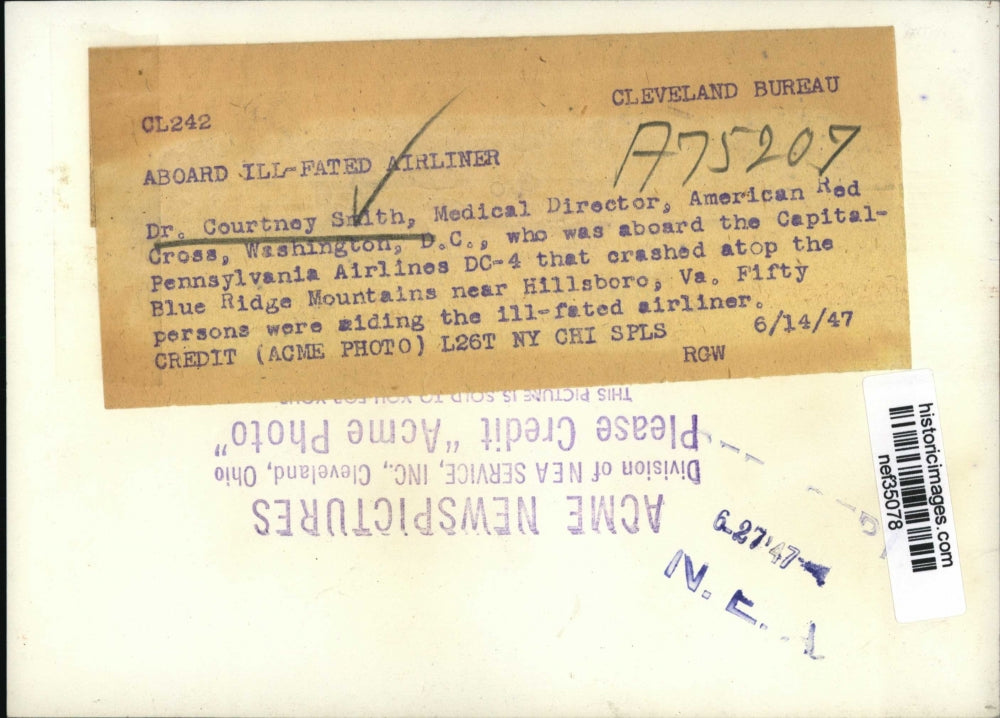 1947 Press Photo Dr Courtney Smith Aboard Airlines that Crashed Atop Blue Ridge