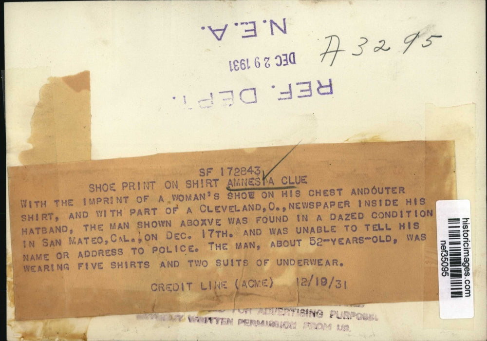 1931 Press Photo Photo of Unidentified Man Found in a Dazed Condition