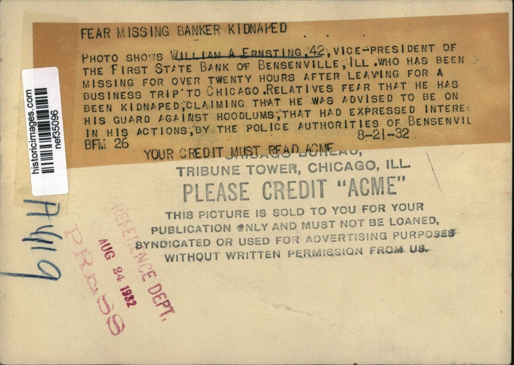 1932 Press Photo William Ernstine Missing After a Business Trip Departure