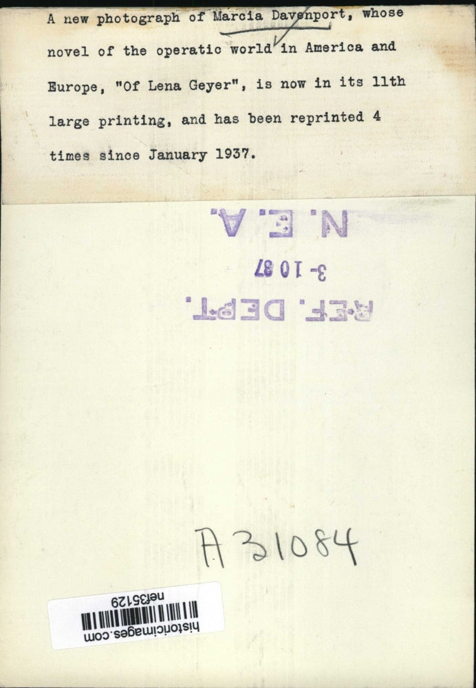 1937 Press Photo Marcia Davenport, Author of "Of Lena Geyer." - nef35129