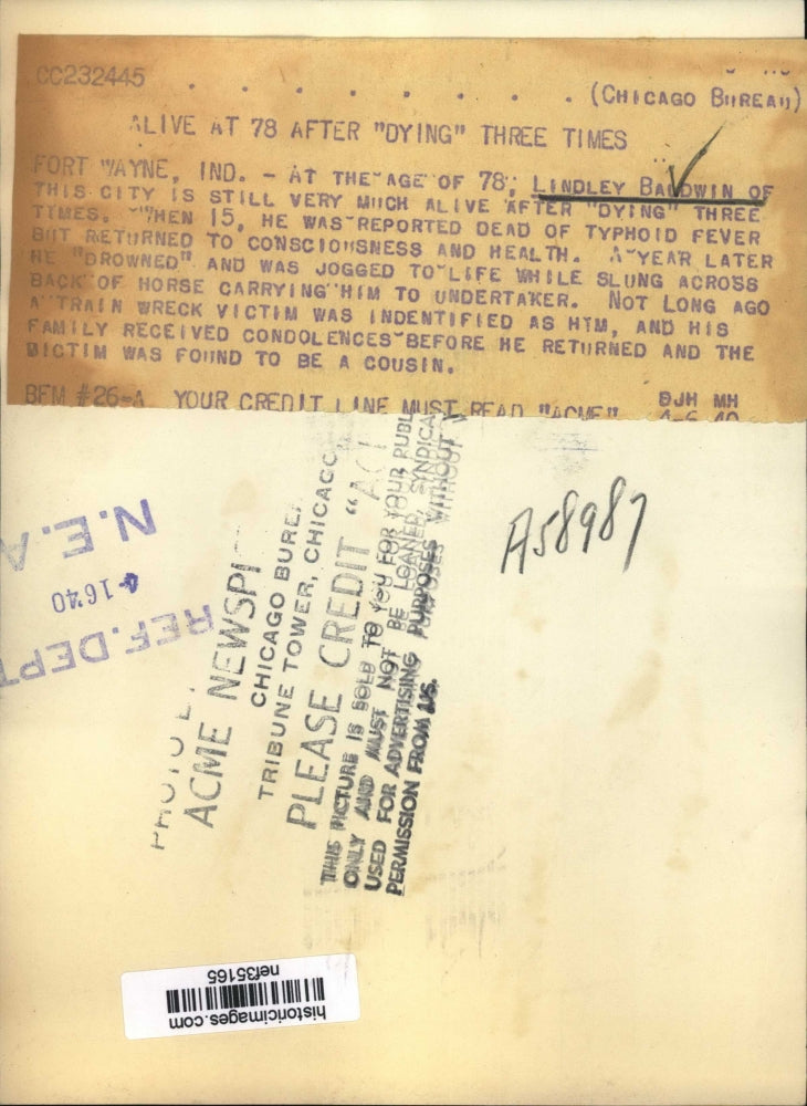Load image into Gallery viewer, 1940 Press Photo Lindley Baldwin of Fort Wayne, Indiana 78 after "Dying" 3 Times
