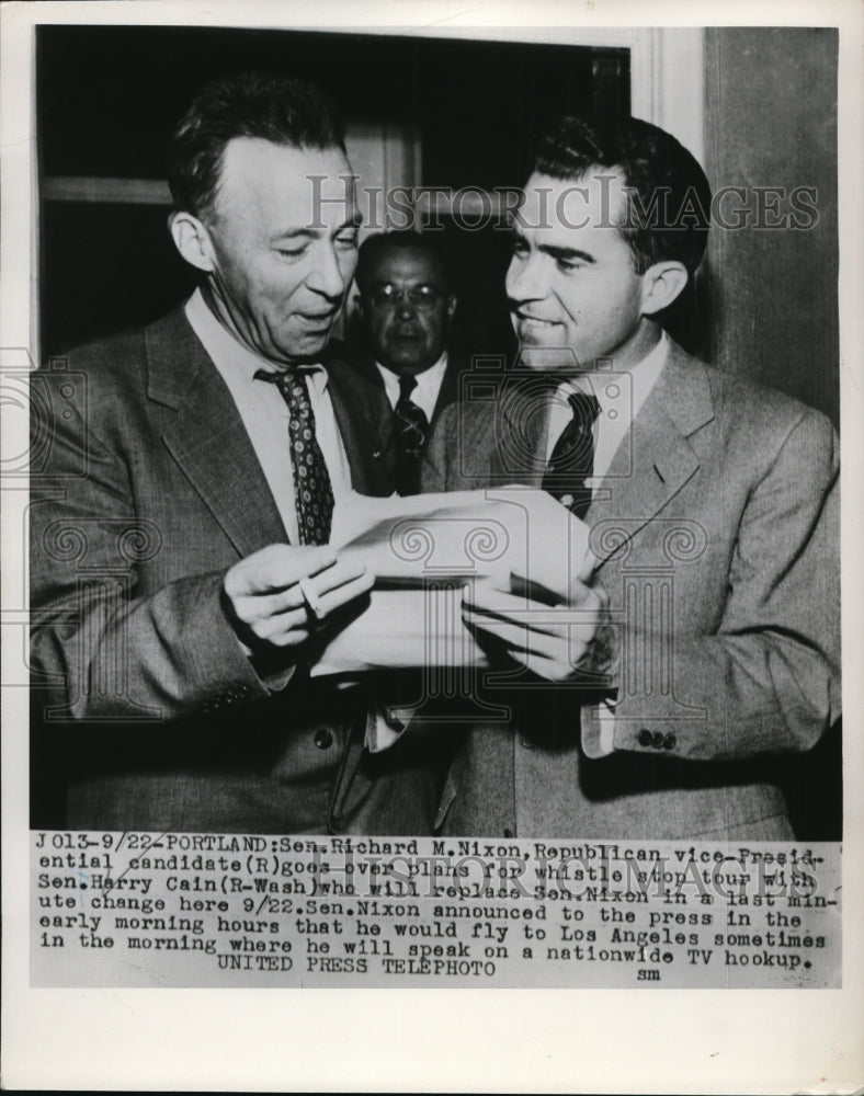 Load image into Gallery viewer, 1952 Press Photo Richard Nixon, Harry Cain in Portland, Oregon During Campaign
