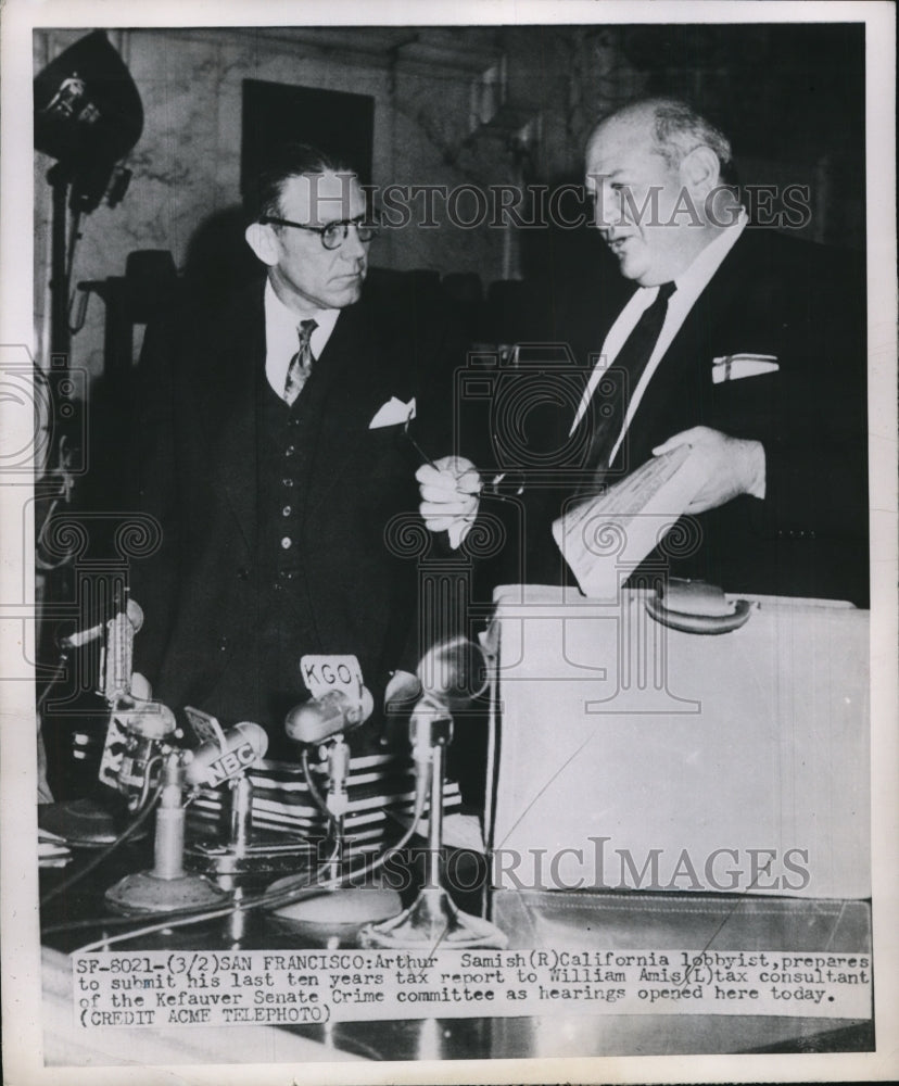 1951 Press Photo Arthur Samish, William Amis at Kefauver Senate Crime Hearing