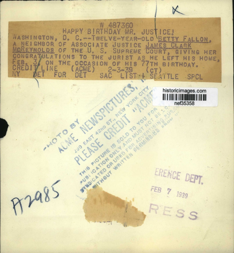 1939 Press Photo James Clark McReynolds, Little Girl Betty Fallon in Washington