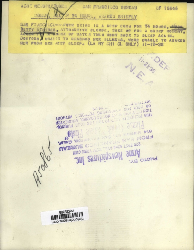 1938 Press Photo Betty Steiner Awake After 74-Hour Coma, San Francisco