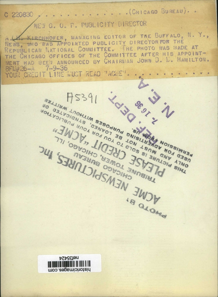 1936 Press Photo A.H. Kirchofer - nef35424