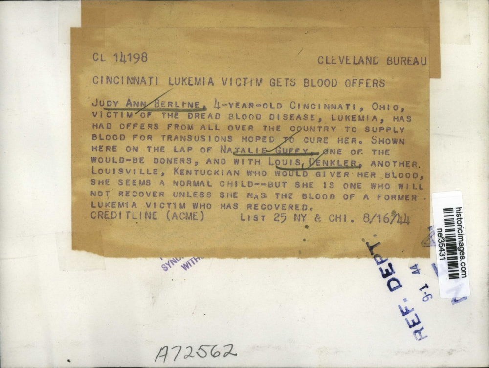 1944 Press Photo Judy Ann Berline, Child Leukemia Patient & Donors, Cincinnati