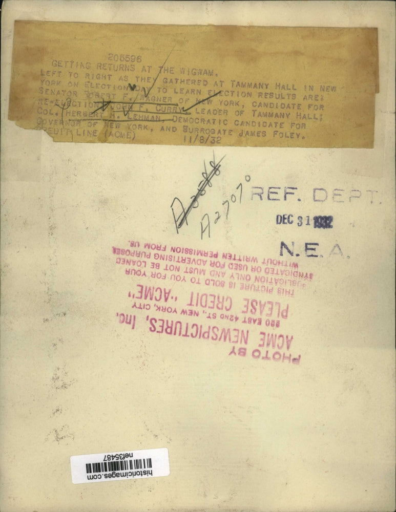 1932 Press Photo Robert Wagner, John Curry, Herbert Lehmann at Tammany Hall