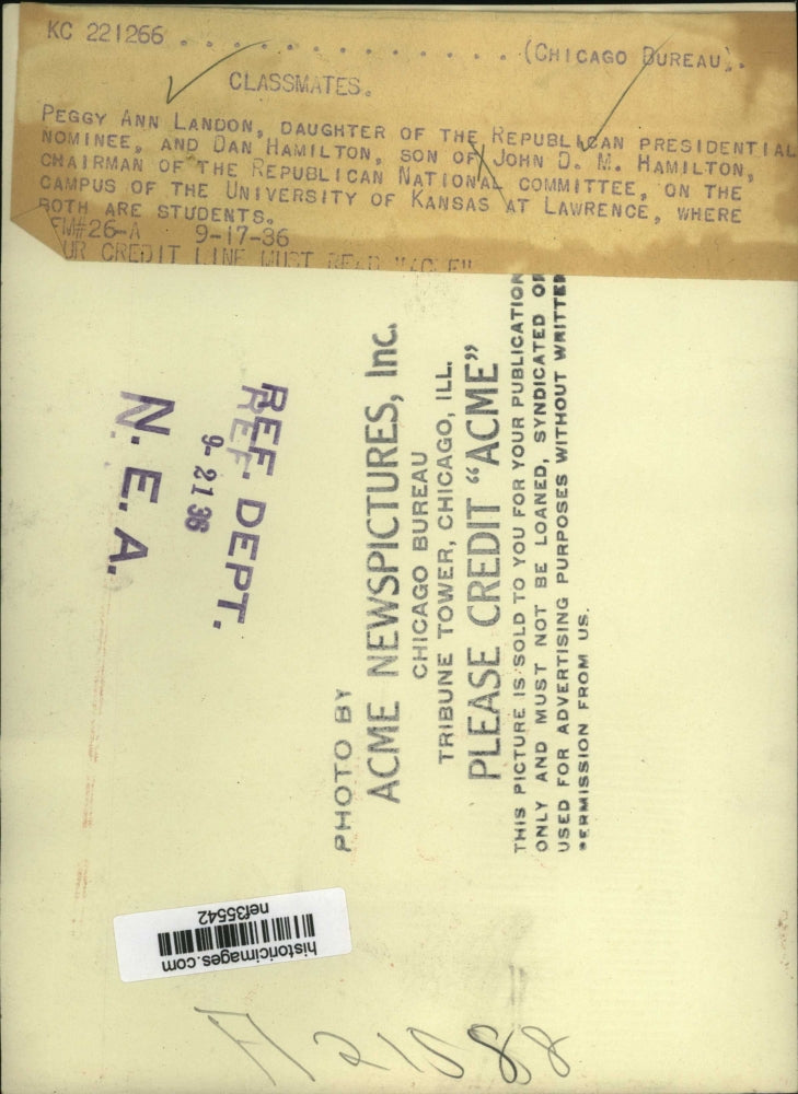 1936 Press Photo Peggy Ann Landon and Dan Hamilton Students of Univ. of Kansas