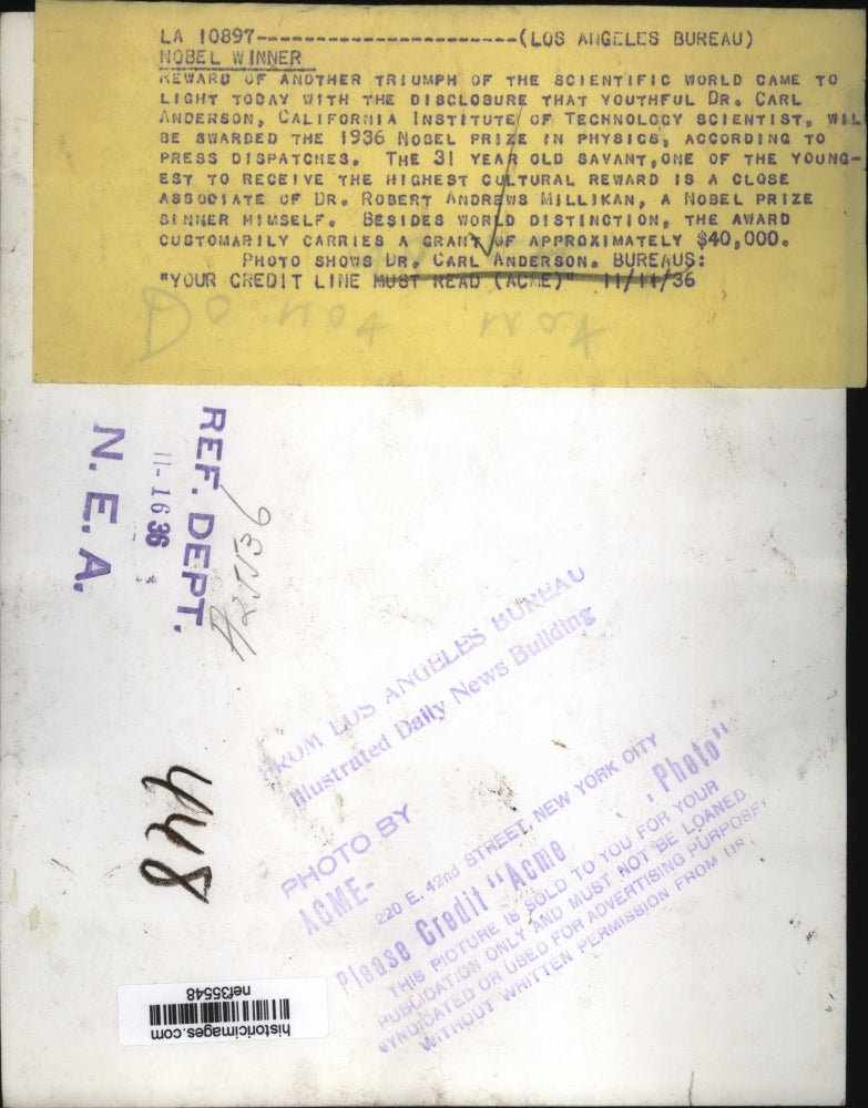 1936 Press Photo Dr.Carl Anderson awarded the Nobel Prize in Physics