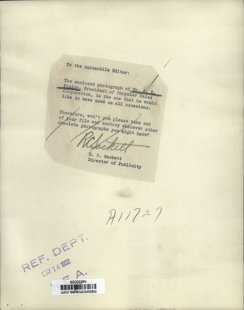 1932 Press Photo Mr J.E. Fields President of Chrysler Sales Corporation