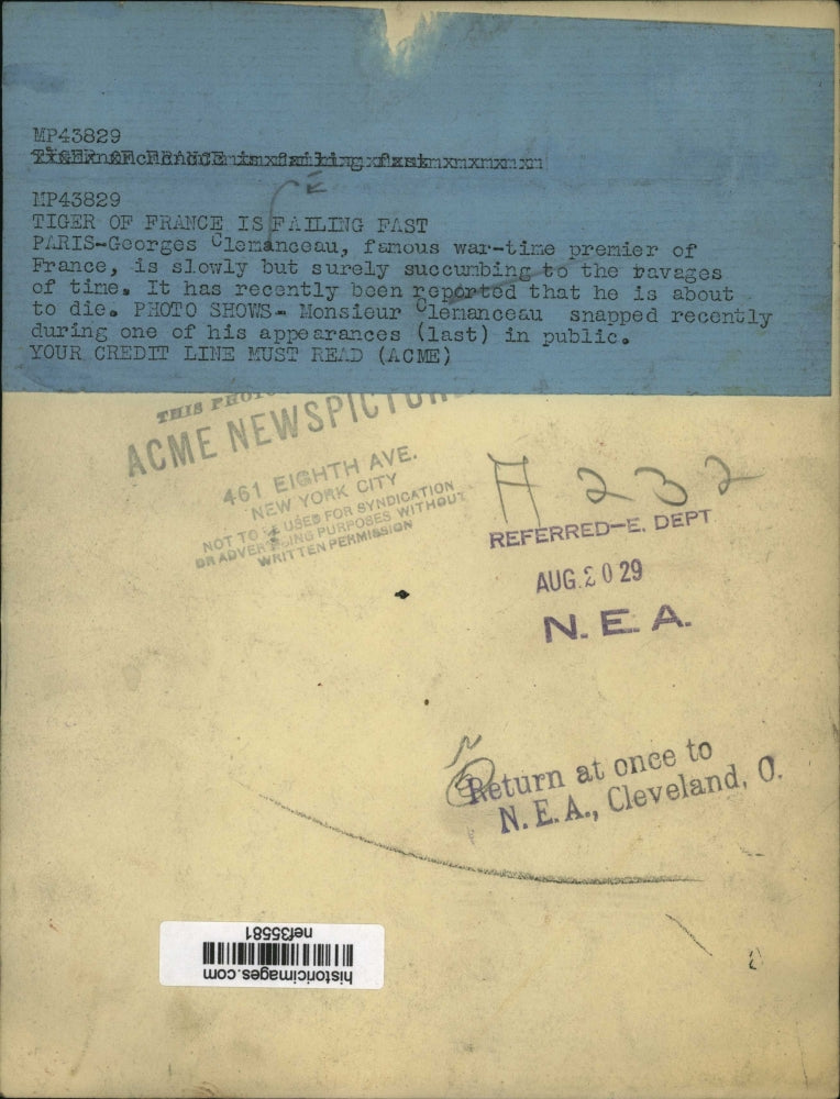 1929 Press Photo Georges Clemanceau War Time Premier of France in Paris