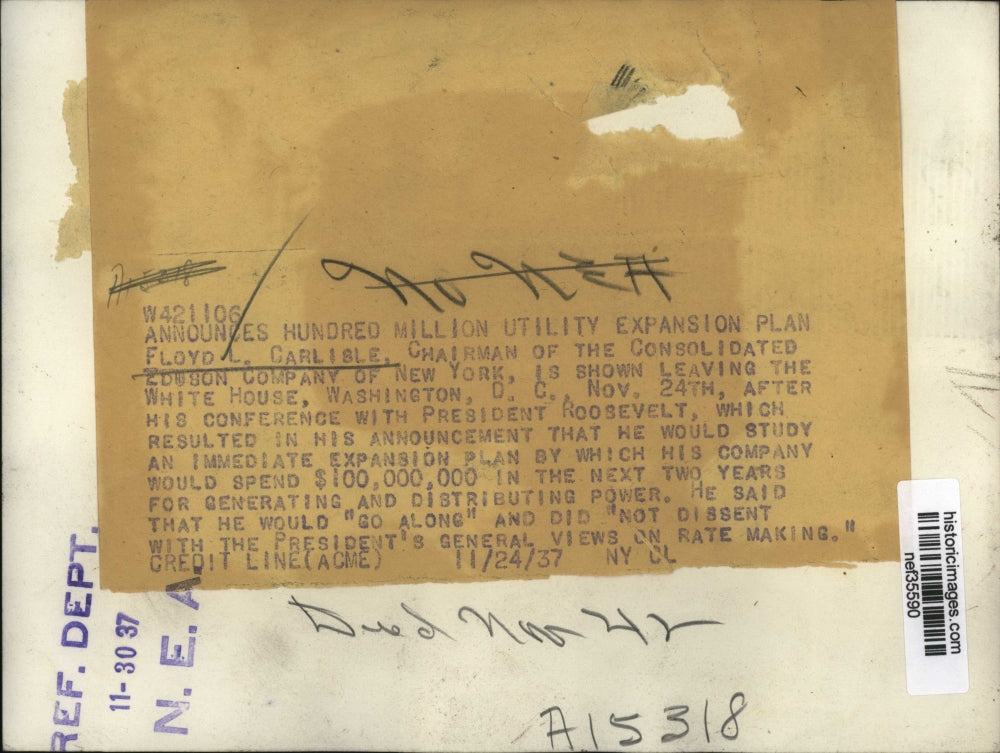 1937 Press Photo Floyd Carlisle Chairman of Consolidated Edison Comp NY