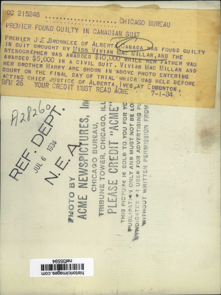 1934 Press Photo Vivian MacMillan Wins Suit $10000 Against Premier Brownlee