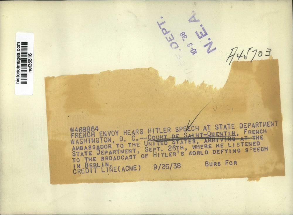 1938 Press Photo Count De Saint-Quentin Arrives at State Dept Listen to Hitler