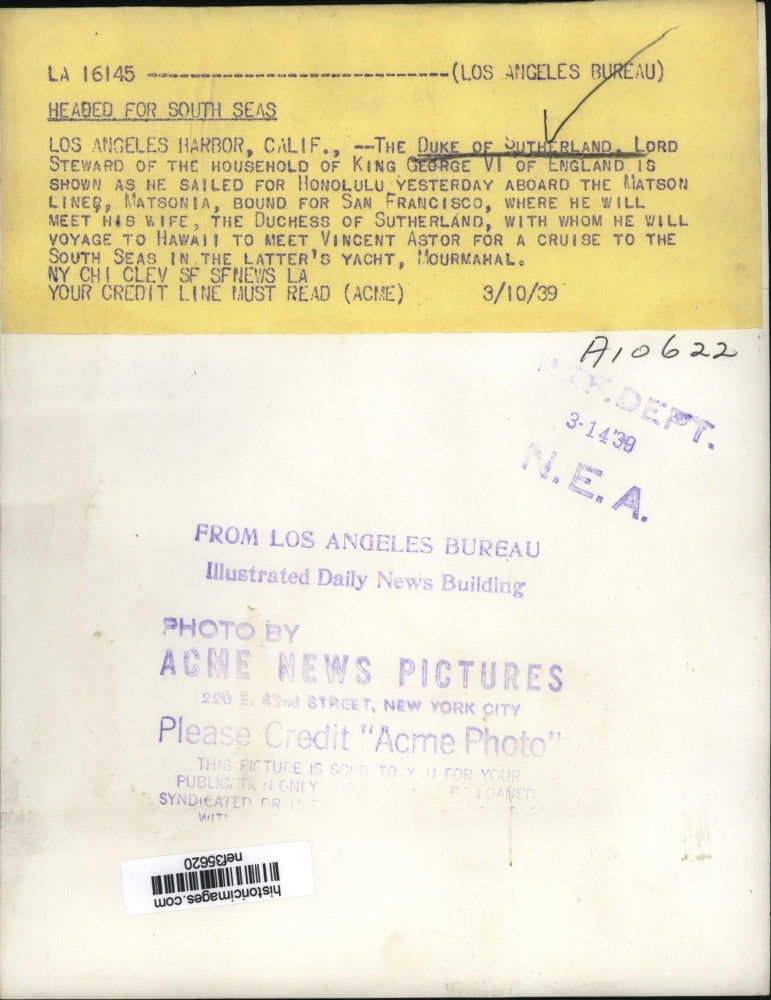 1939 Press Photo Duke of Sutherland Shown as He Sailed for Honolulu Yesterday