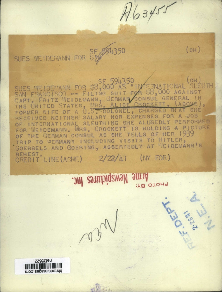 1941 Press Photo Mrs Alice Crockett Charges She Never Received Salary for Job