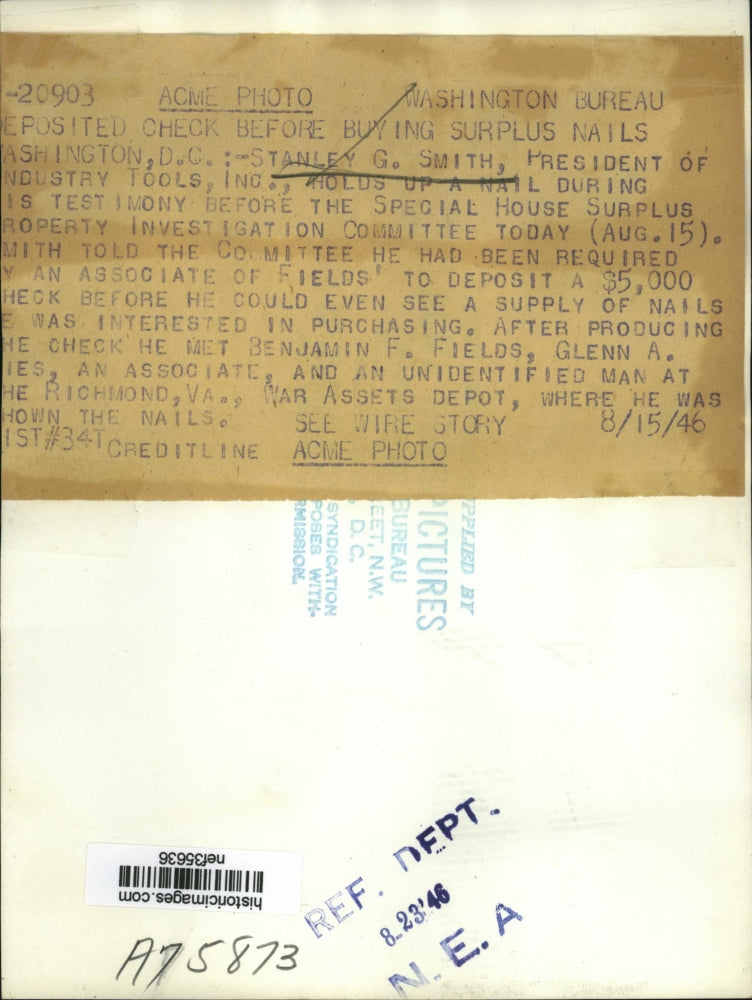 1946 Press Photo Stanley G. Smith at House Surplus Property Inevestigation