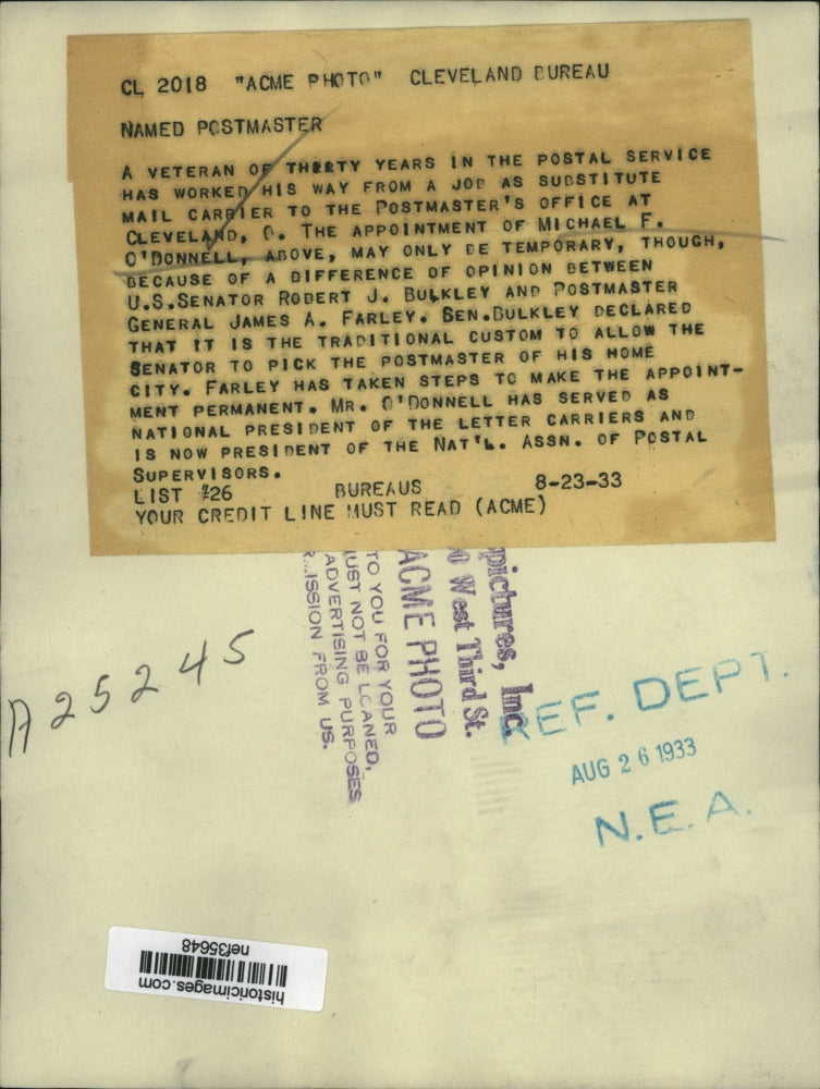 1933 Press Photo Michael F. O'Donnell, U.S. Postmaster - nef35648
