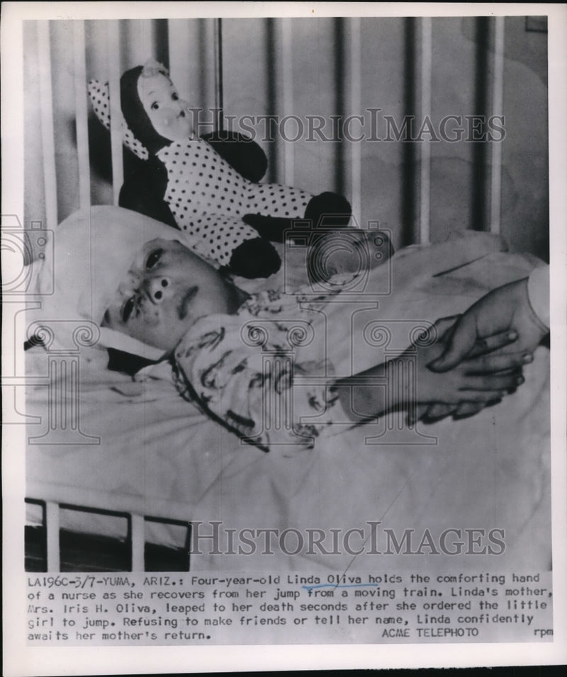 Load image into Gallery viewer, 1951 Press Photo Linda Oliva Holds Nurses' Hand as She Recovers From Her Jump
