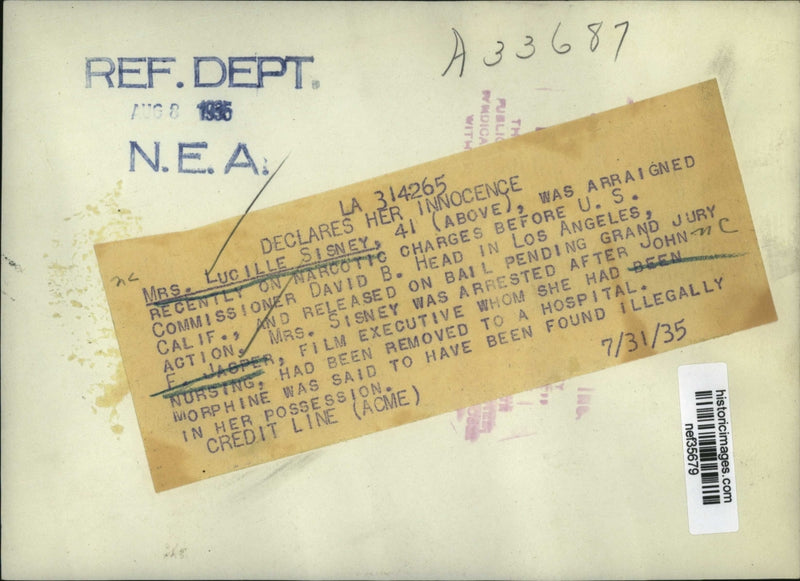 Load image into Gallery viewer, 1935 Press Photo Mrs Lucille Sisney Arraigned on Narcotic Charges Bail Released
