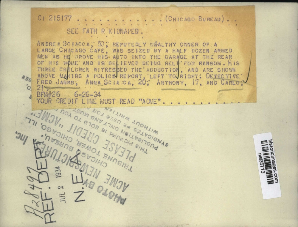 1934 Press Photo Children of Andrew Sciacca Questioned in Kidnapping, Chicago