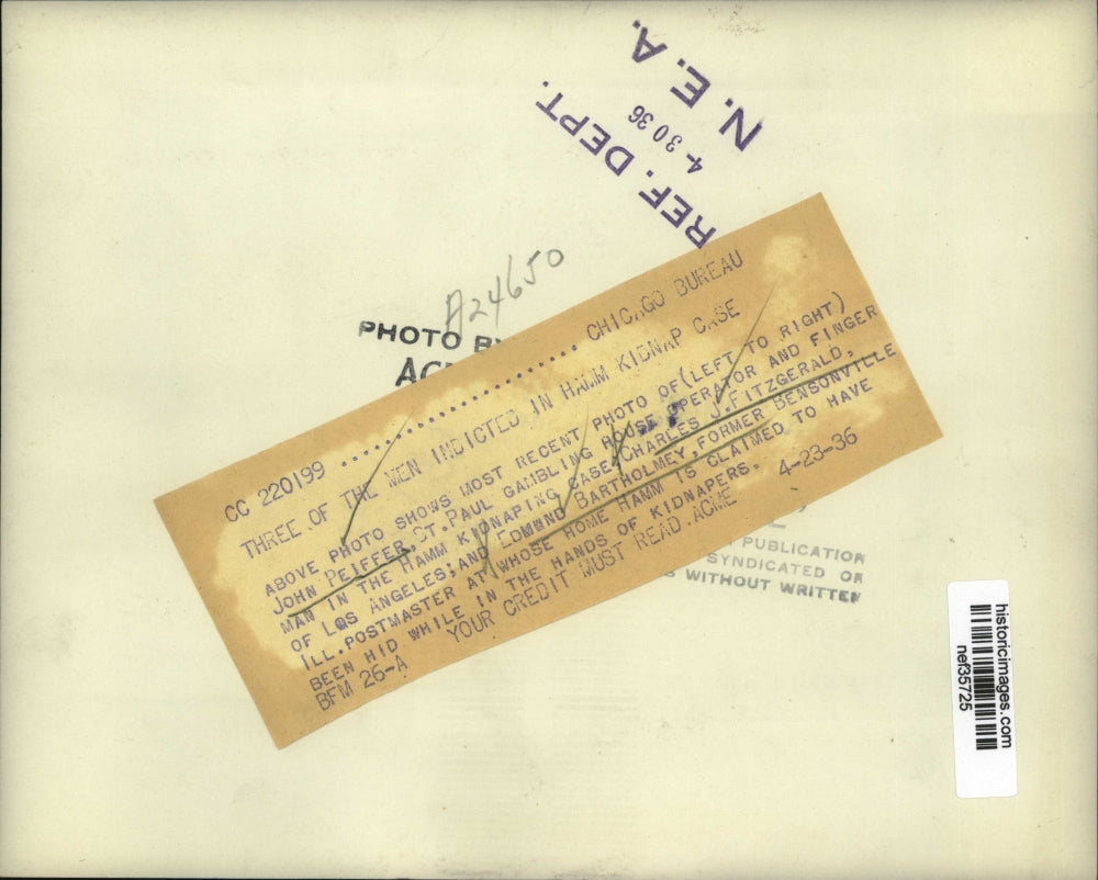 1936 Press Photo Three of the Men Indicted in Hamm Kidnapped Case - nef35725