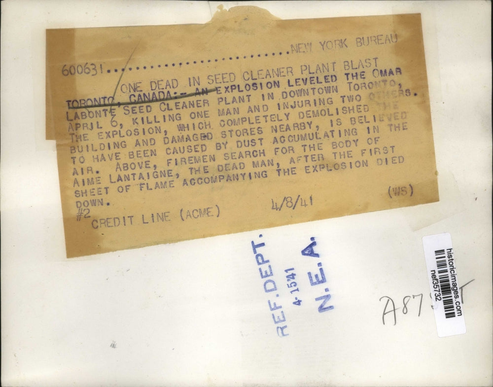 1941 Press Photo Omar Labonte Seed Cleaner Plant Explosion Wreckage, Toronto