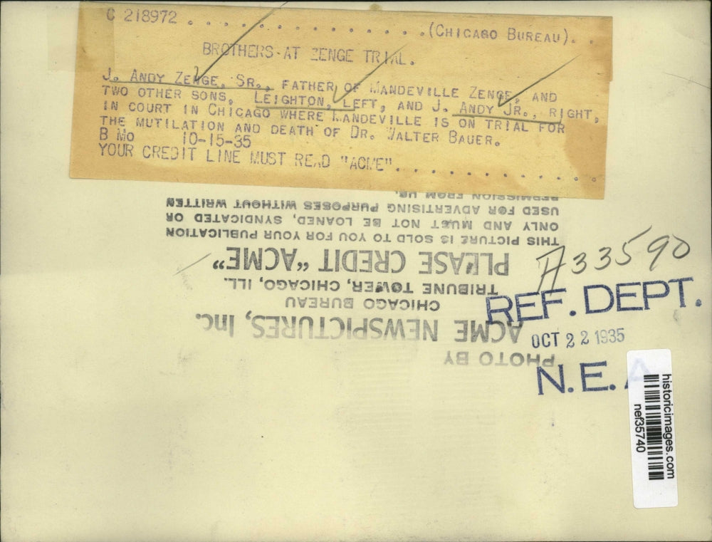 1935 Press Photo J. Andy, Leighton, and Andy Jr Zenge in Court for Murder Trial