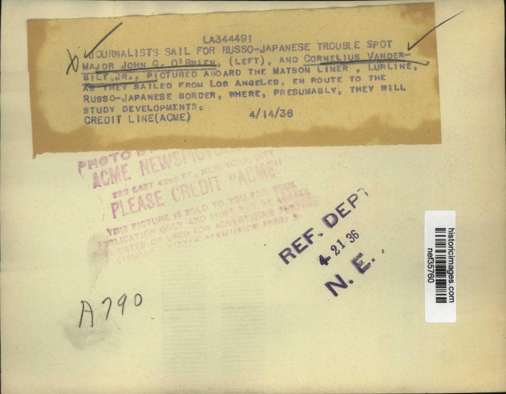 1936 Press Photo John O'Brien, Cornelius Vanderbilt Sail to Russo-Japan Border
