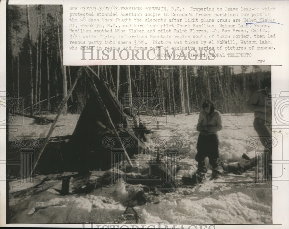 1963 Press Photo Helen Klaben after Rescue in Terminus Mountain, BC Plane Crash