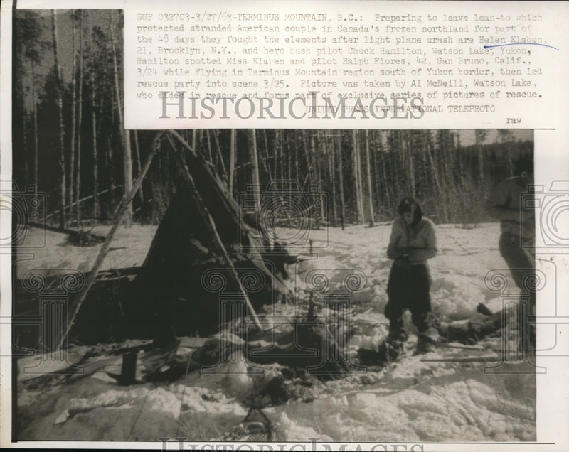 Load image into Gallery viewer, 1963 Press Photo Helen Klaben after Rescue in Terminus Mountain, BC Plane Crash
