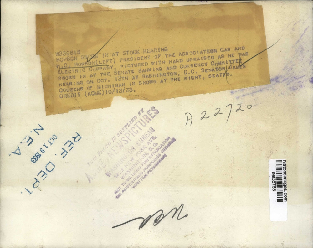 1933 Press Photo H.C. Hopson Testifies in Senate Banking and Currency Committee