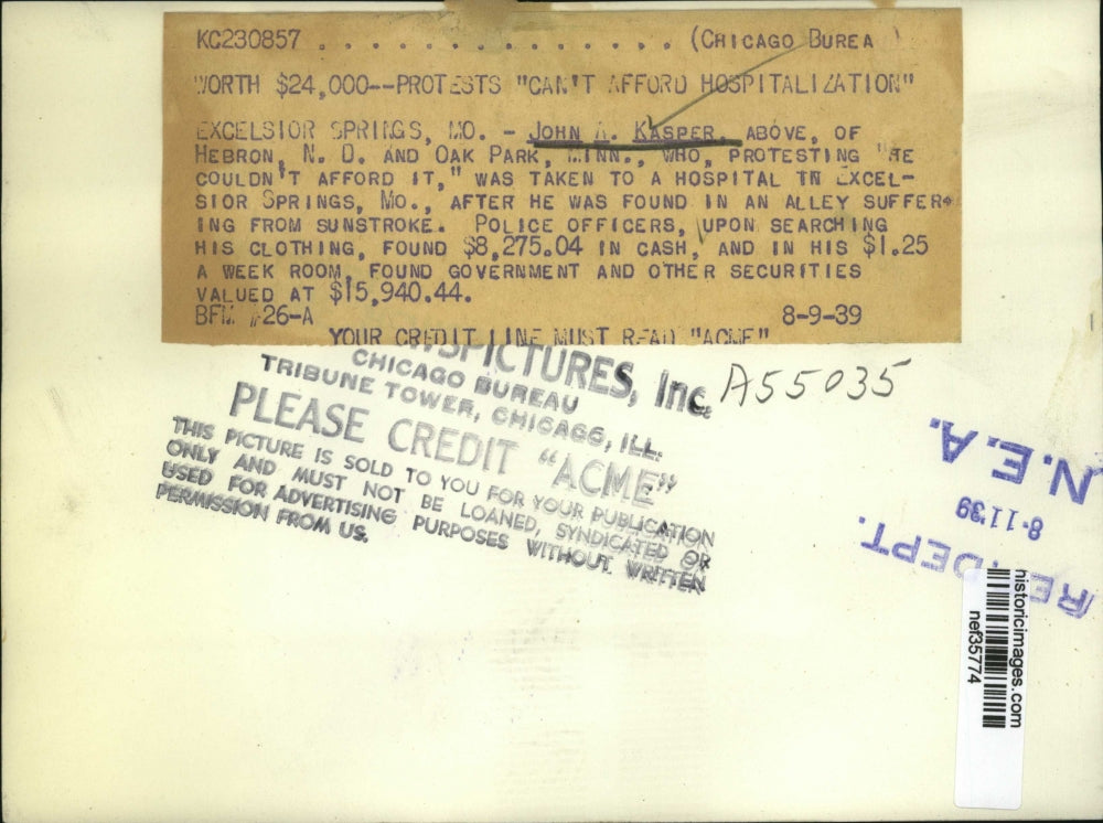 1939 Press Photo John Kasper of Hebron in Missouri Hospital for Sunstroke