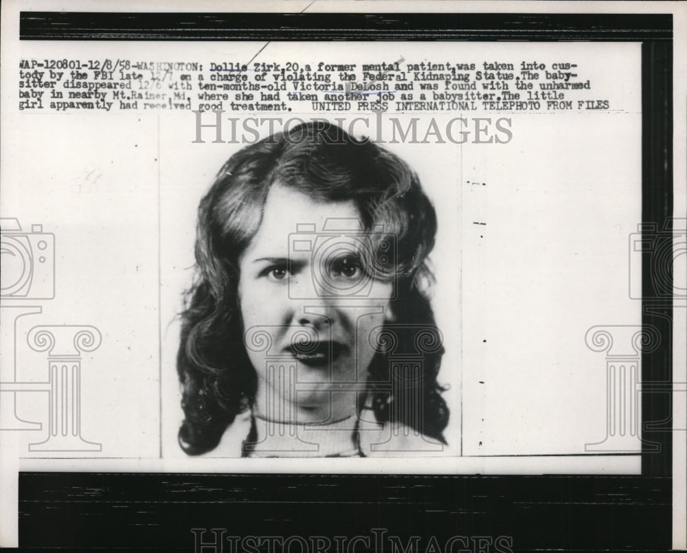 1958 Press Photo Dollie Zirk taken into custody by the FBI - nef35822