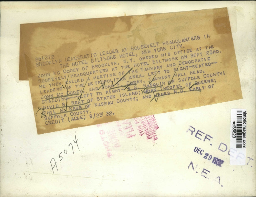 1932 Press Photo McCooey calls a meeting after open of office at Hotel Biltmore