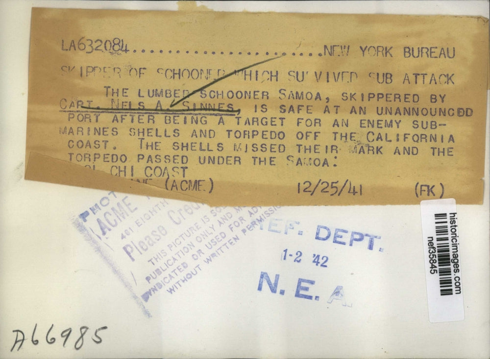 1941 Press Photo Capt Nels A Sinnes Survives Submarine Attack After BeingTarket