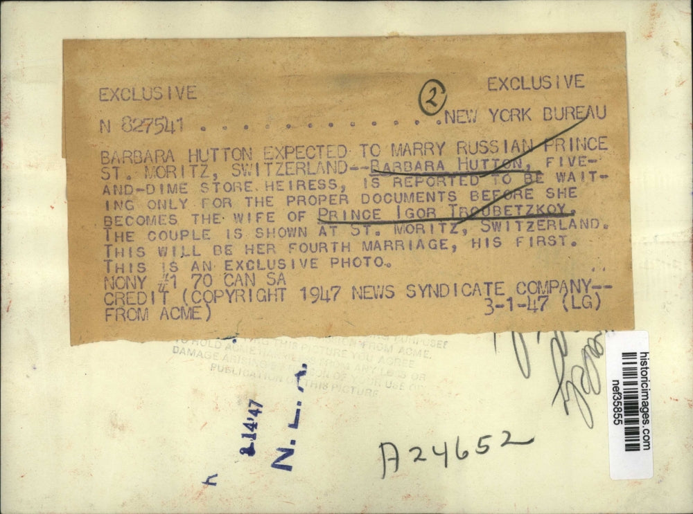 1947 Press Photo Barbara Hutton Expected to Marry Prince Igor Troubetzkoy