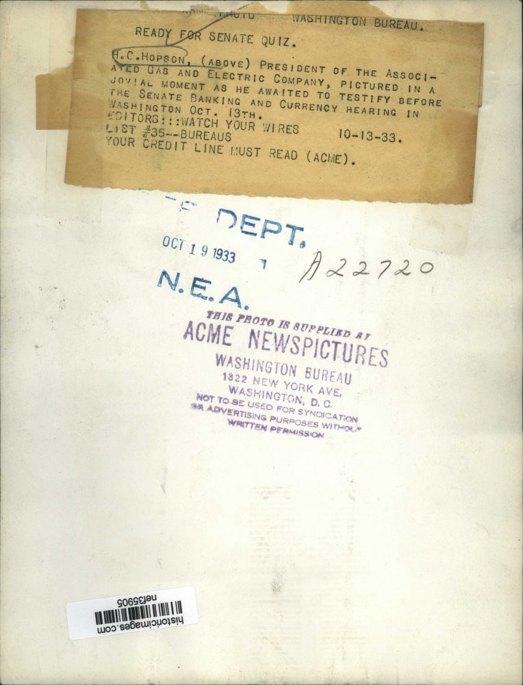 1933 Press Photo HC Hopson President of Associated Gas & Electric Comp