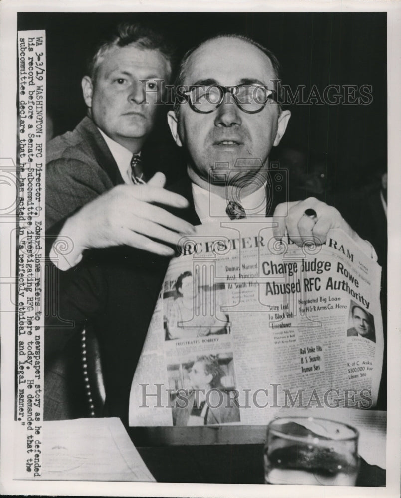 1951 Press Photo RFC Director C Edward Howe Before Senate Subcommittee Investiga