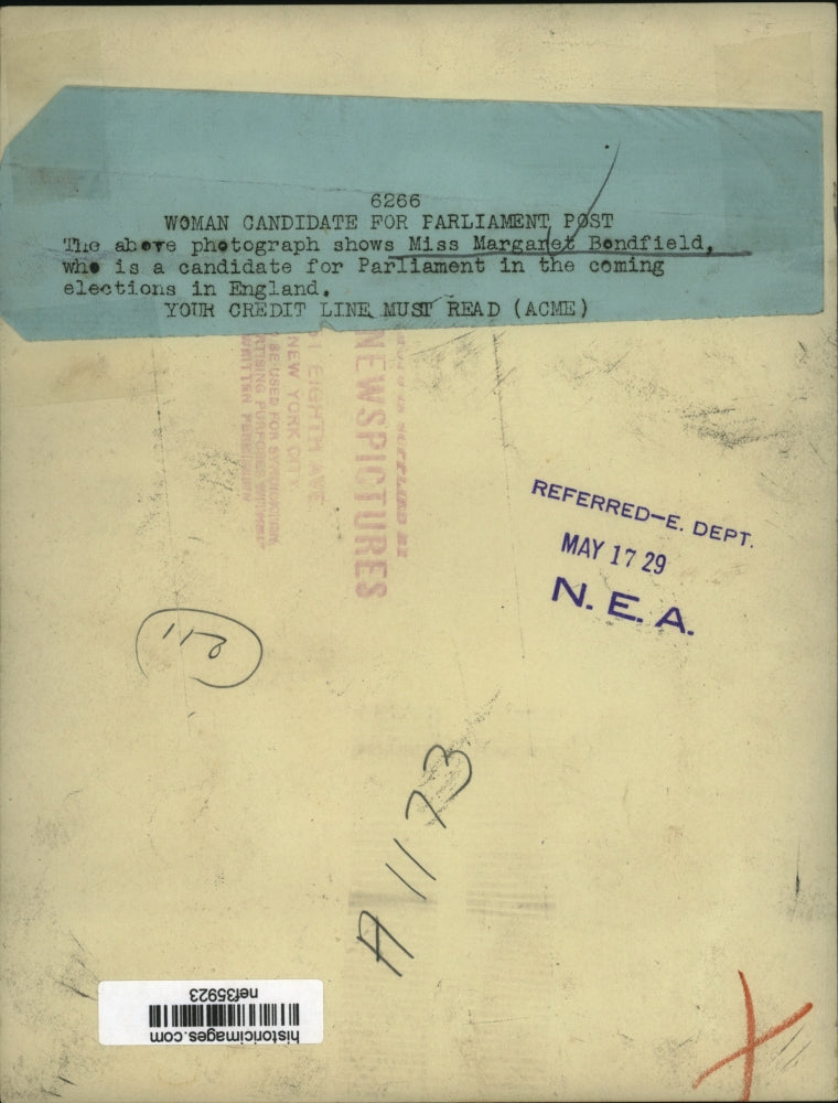 1929 Press Photo Margaret Bendfield Candidate for Parliament in England Election