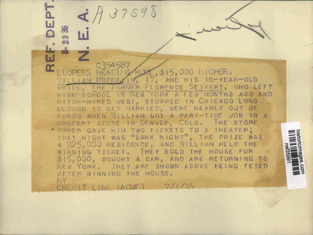 1936 Press Photo William Moegelin, bride being feted after winning $25,000 house