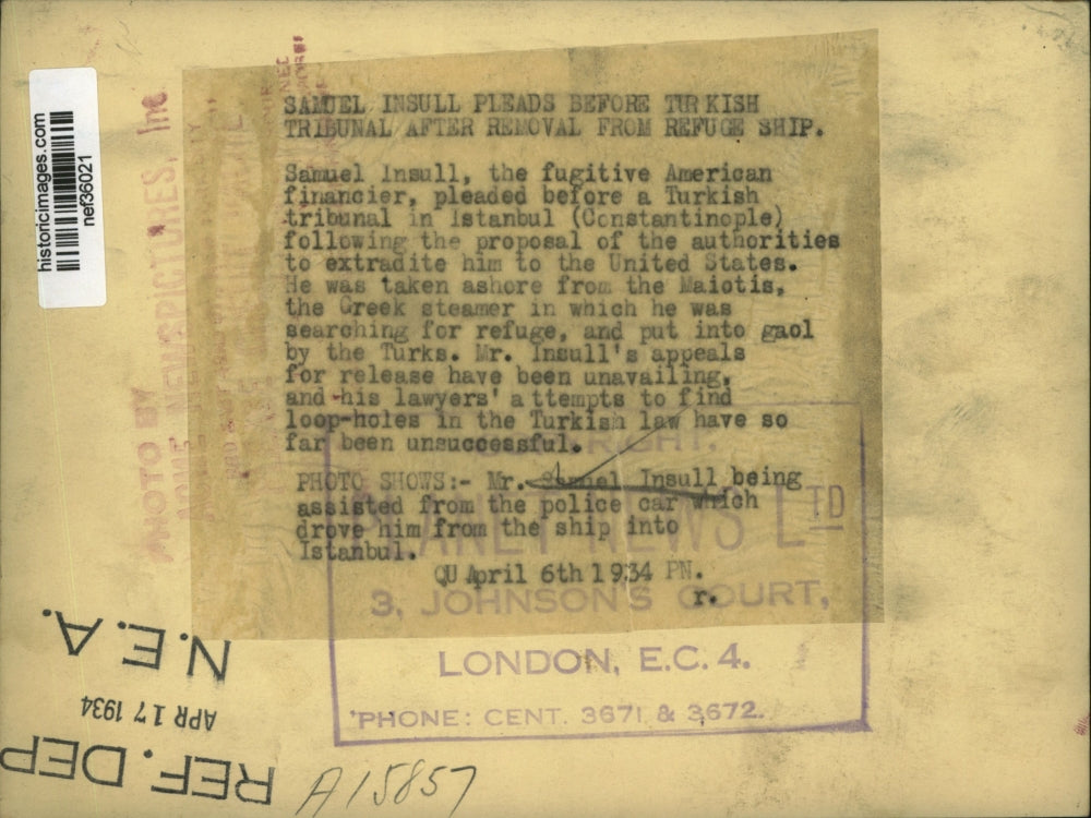 1934 Press Photo Samuel Isull, Fugitive American Financier, Pleads Before Turks