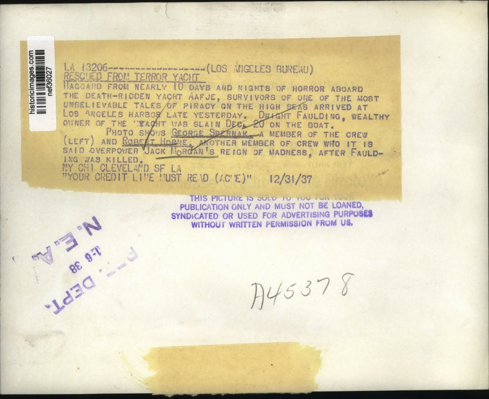 1937 Press Photo George Sperna & Robert Horne, Overthrow Deranged Captain