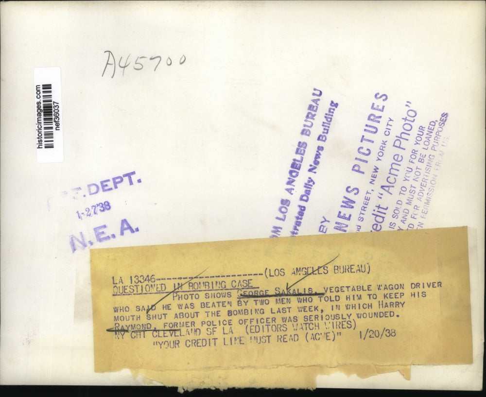 1938 Press Photo George Sakalis questioned in bombing case - nef36037