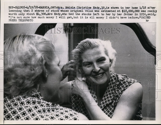 1958 Press Photo Mrs. Eady in her home after learning her stock shares were less