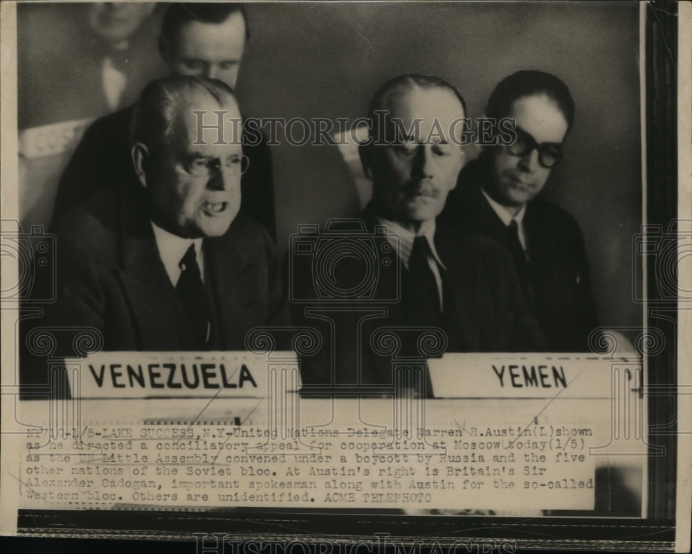 1948 Press Photo Warren R. Austin directs a conciliatory appeal for cooperation