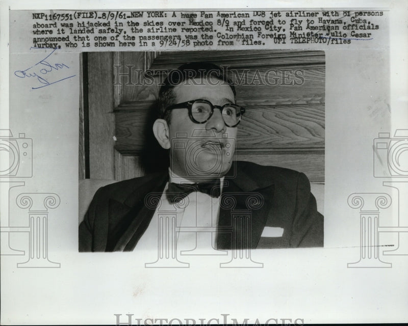 Load image into Gallery viewer, 1961 Press Photo Foreign Minister Julio Cesar Turbay Passenger on Hijacked Plane
