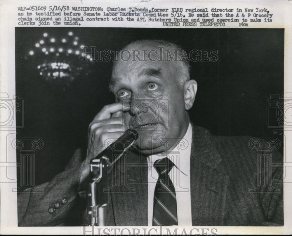 1958 Press Photo Douds testifies before Senate Labor Rackets Committee