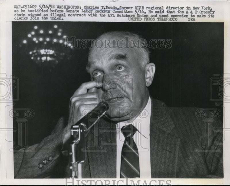 Load image into Gallery viewer, 1958 Press Photo Douds testifies before Senate Labor Rackets Committee
